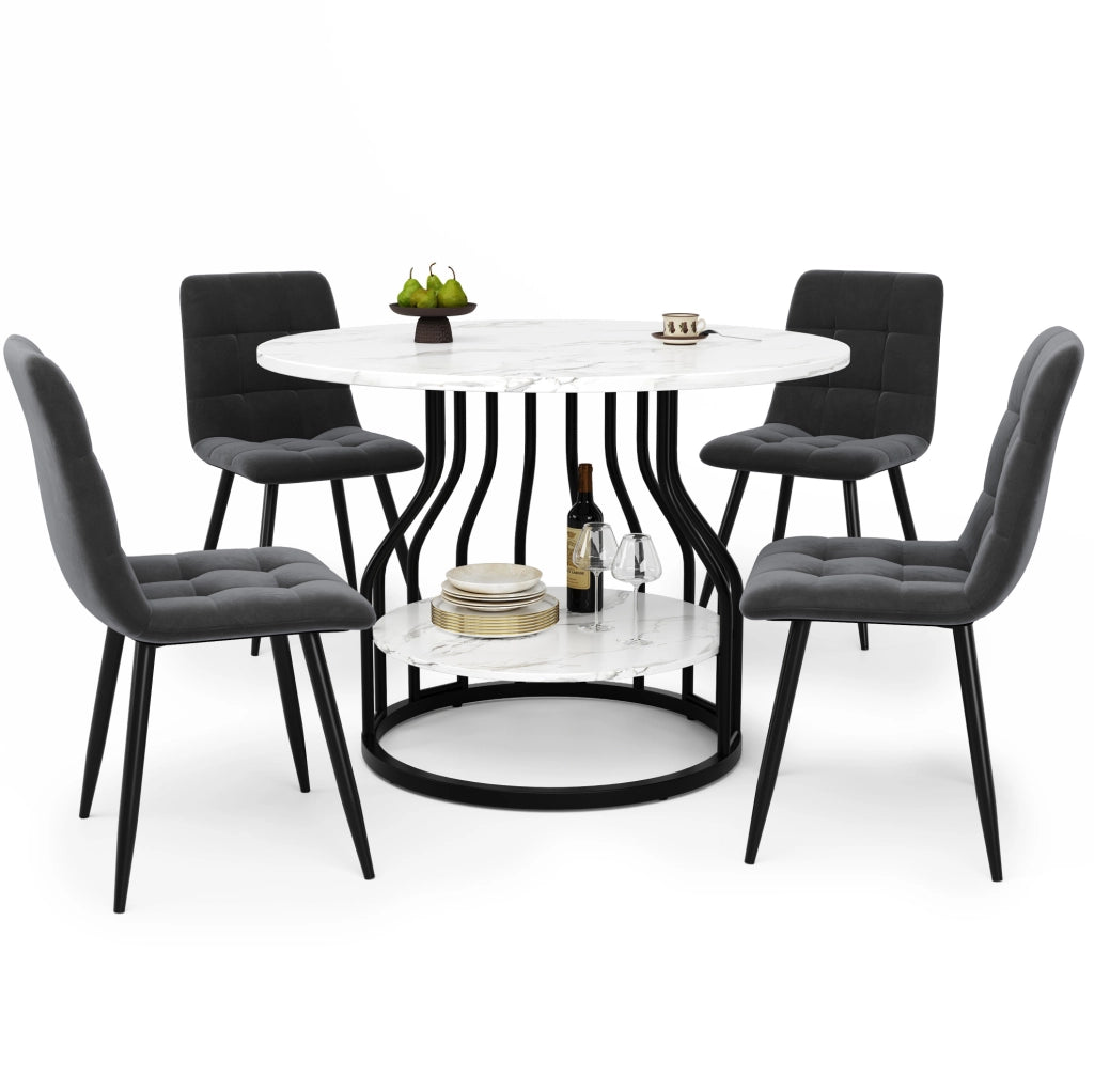 Set da pranzo 80x80x76 cm con tavolo rotondo e 4 sedie; piano effetto marmo; metallo; velluto nero e grigio