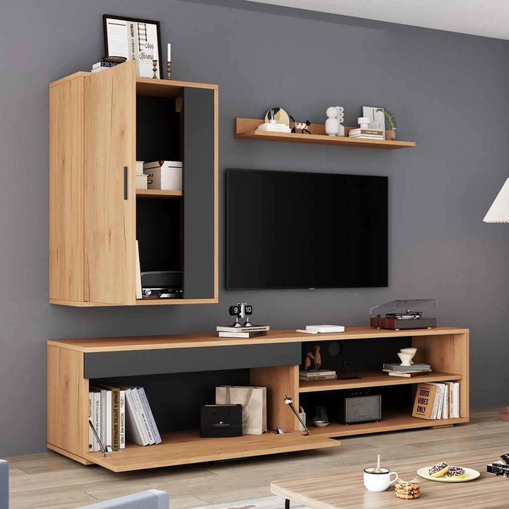 Mobile porta TV con 2 ante e 2 vani aperti, per soggiorno, in truciolare, rovere e nero, 140 × 35 × 39 cm