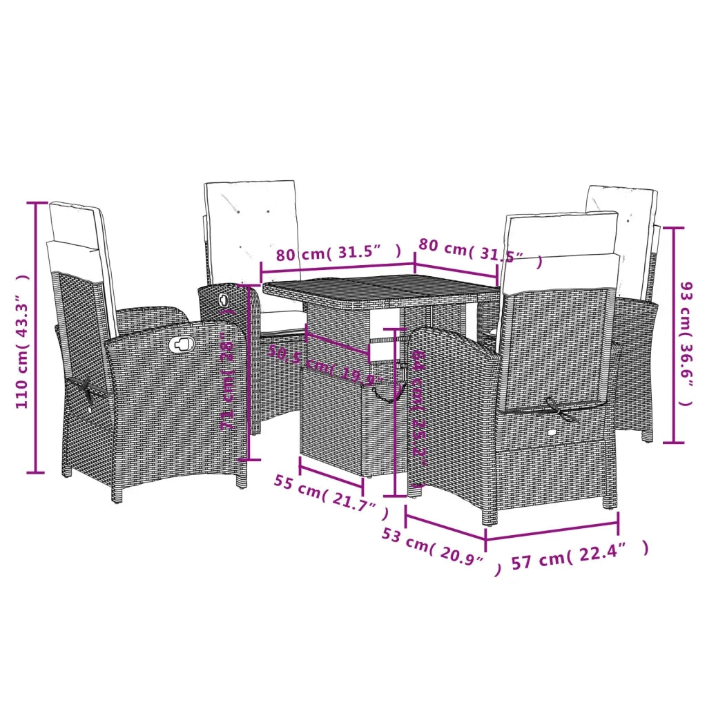 Set da Pranzo da Giardino 5 pz Nero con Cuscini in Polyrattan 3277326
