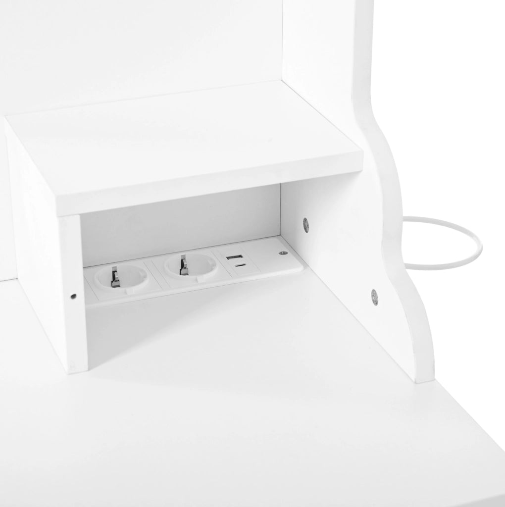 Toeletta con specchio illuminato regolabile, prese integrate, 6 cassetti e 4 ante per ordine