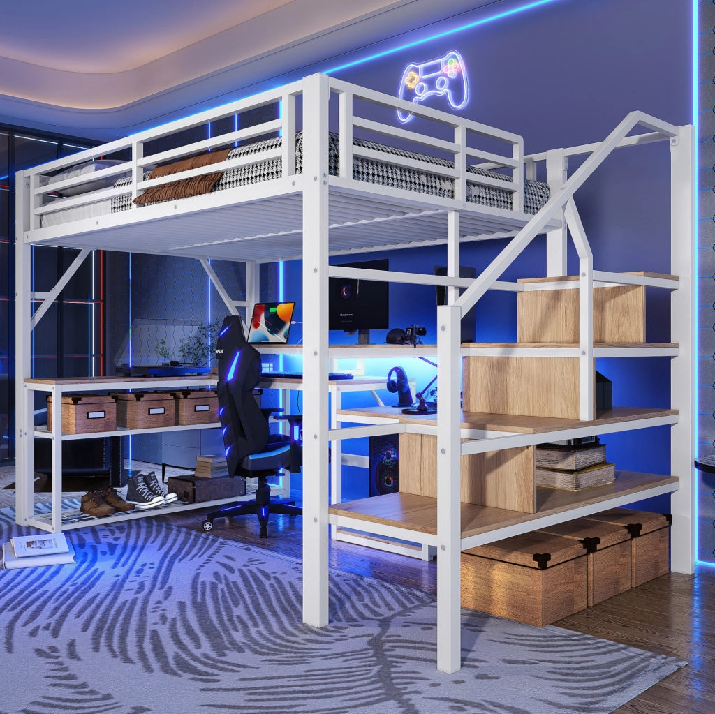 Letto a soppalco 140x200 cm bianco con scrivania, LED, USB e scaffali