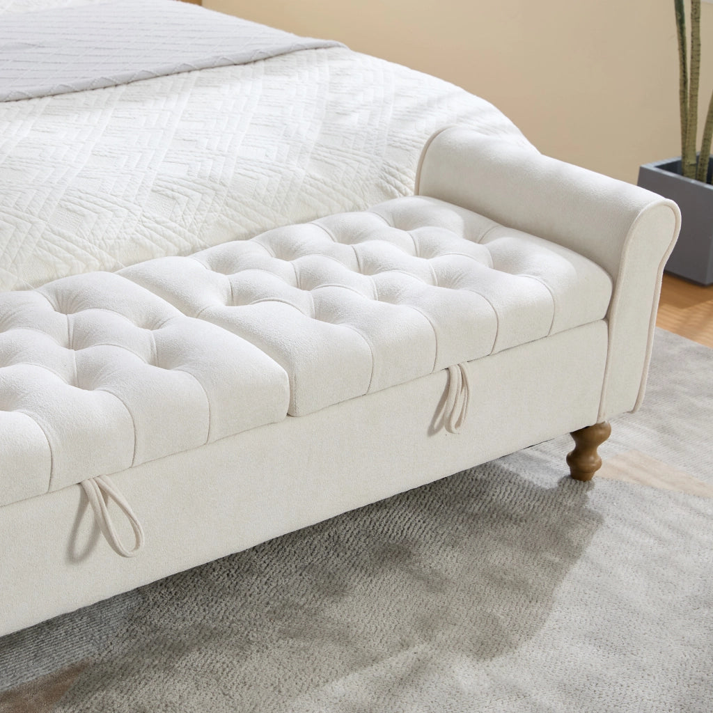 Panca da letto, panca per cambiarsi le scarpe, con vano portaoggetti, rivestimento in similpelle scamosciata, con braccioli, gambe in legno di gomma, beige