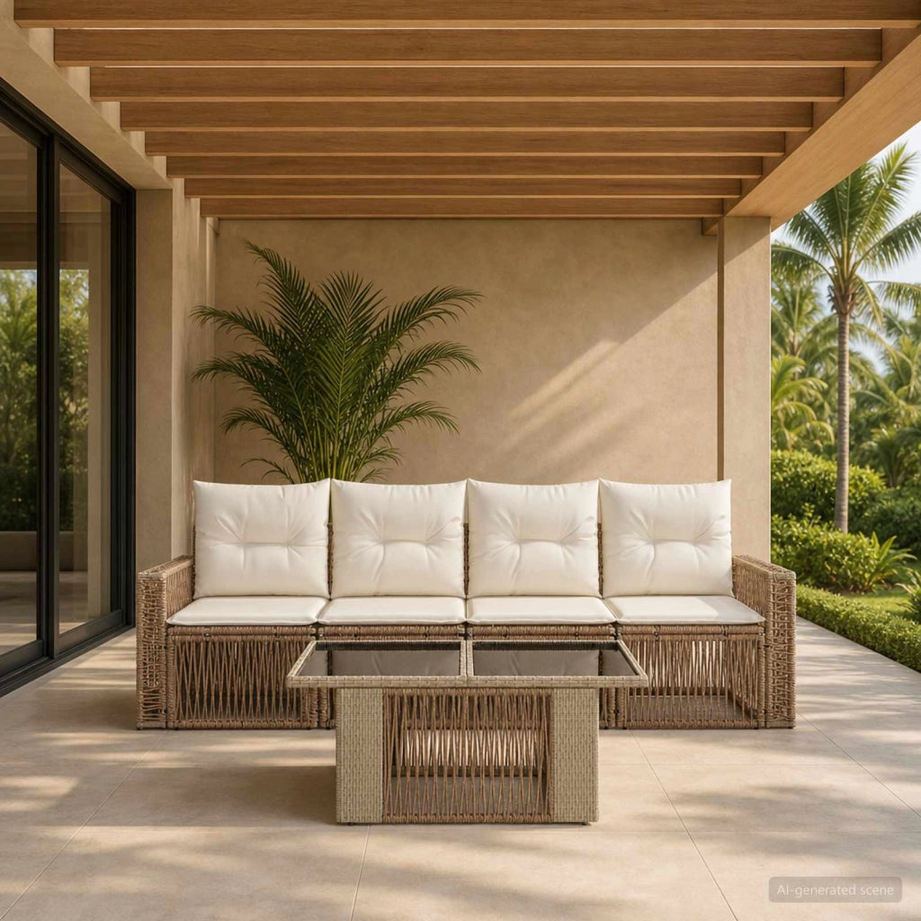 Set Divano da Giardino 5 pz Beige e Bianco Crema polyrattan 3436743