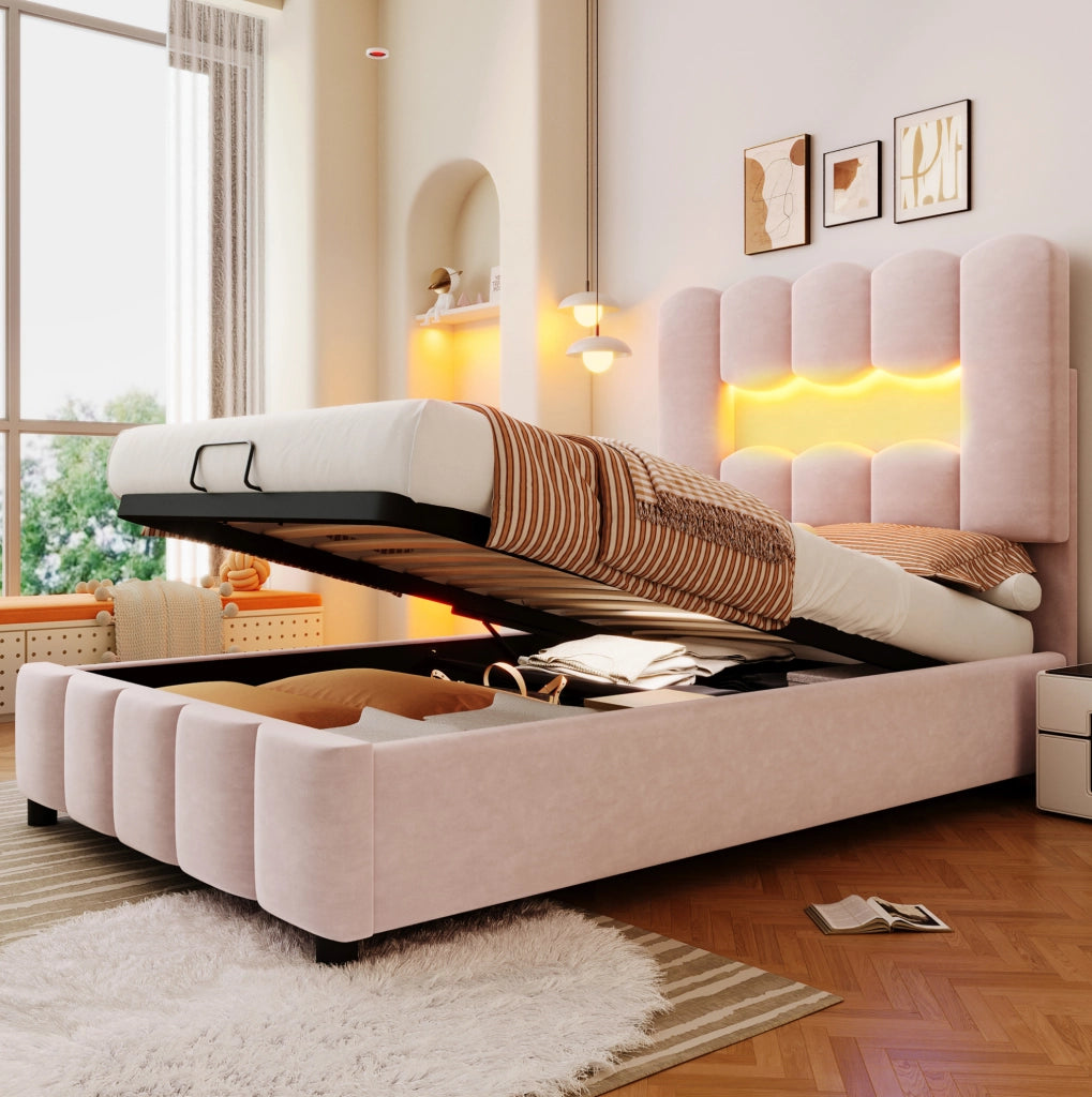 Letto imbottito 90x200 cm rosa con LED e contenitore