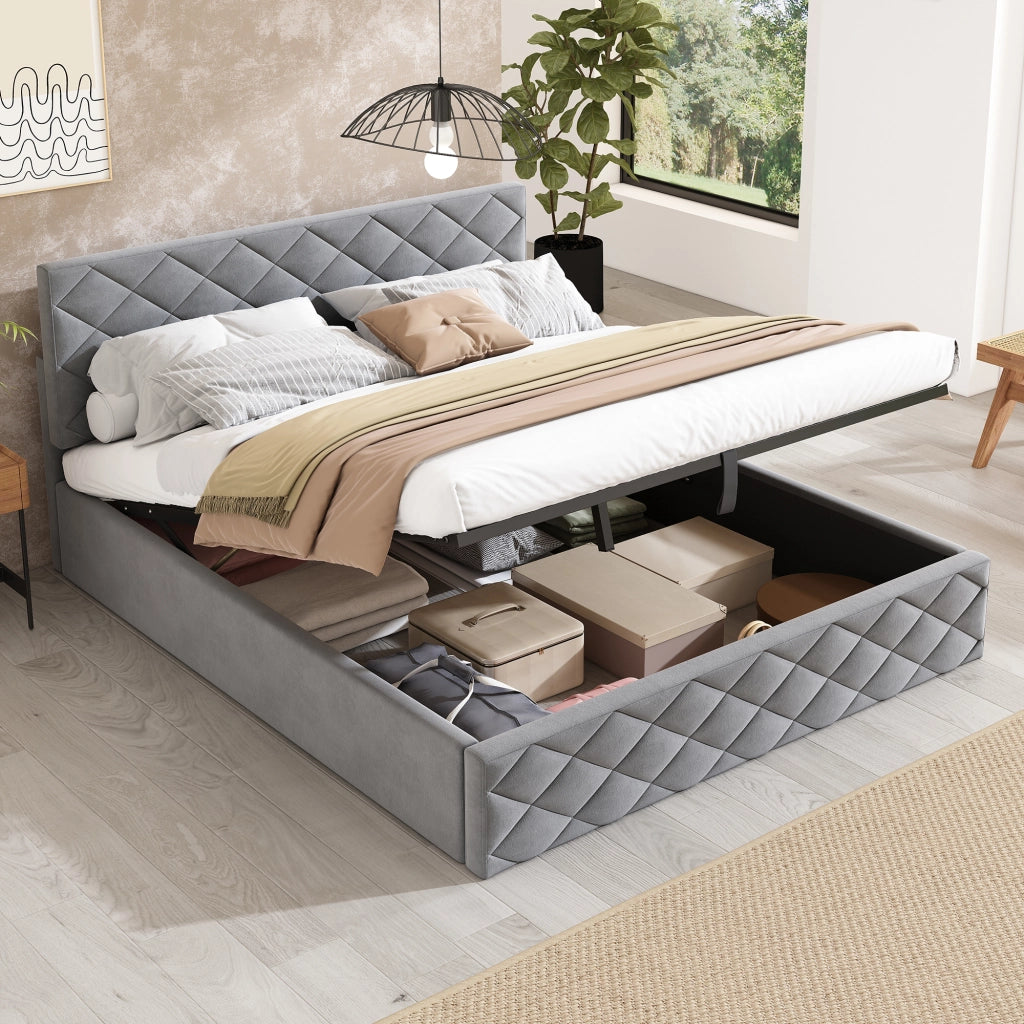 Letto imbottito idraulico 140x200 cm velluto grigio