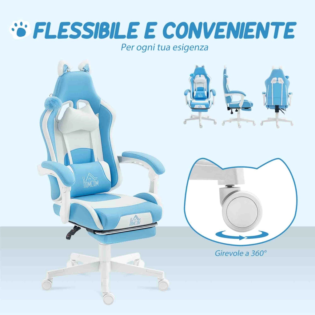 Sedia da Gaming Reclinabile 65x62x116-124 cm con Poggiapiedi e Cuscini in Finta Pelle e Spugna Bianco e Rosa