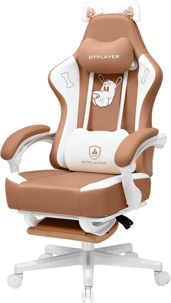 Carina sedia da gioco, sedia da gioco, sedia da ufficio, ergonomica, con orecchie di gatto, memory foam e poggiapiedi, 150 kg, in similpelle, marrone