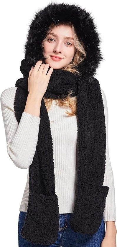 Schiacchiera invernale con cappuccio - ca. 2,15 m lungo - Tutte le taglie - Set di sciacchiera invernale - Soffice e spesso - Sciarpa universale - Nero