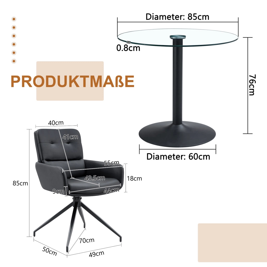 Set da pranzo con tavolo rotondo in vetro temperato e metallo; nero e trasparente
