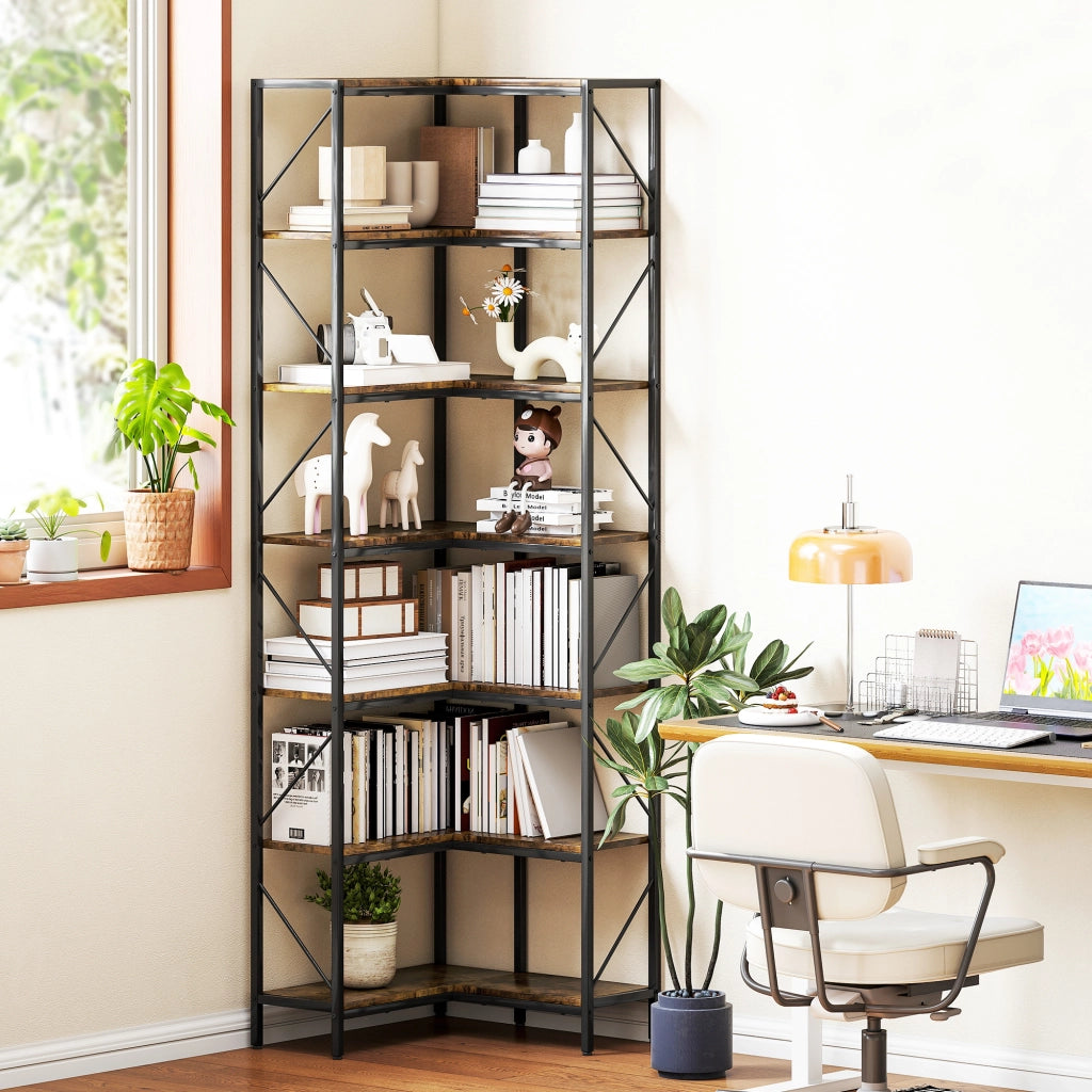 Libreria d'angolo industriale 7 livelli ¨C zephmum ¨C 60x60x198 cm marrone