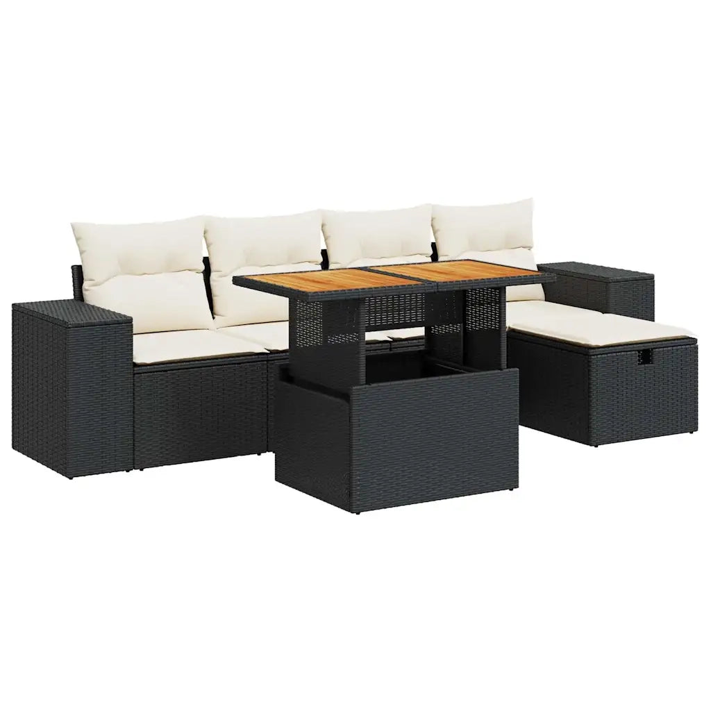 Set Divano da Giardino 6 pz con Cuscini Nero Polyrattan Acacia 3328078