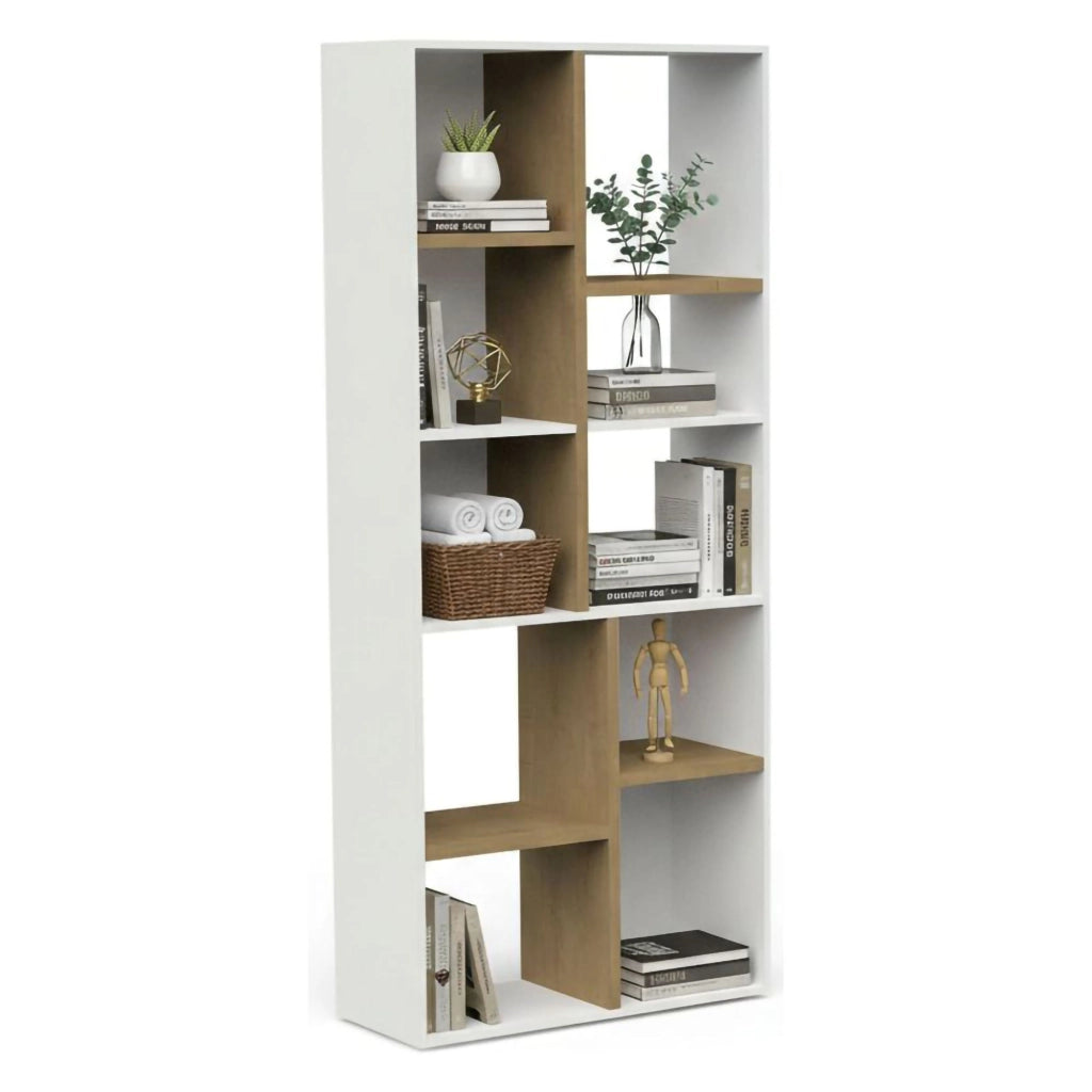 Libreria Nisha, Scaffale da ufficio, Mobile portalibri, Biblioteca, 78x36 h183 cm, Rovere e Bianco
