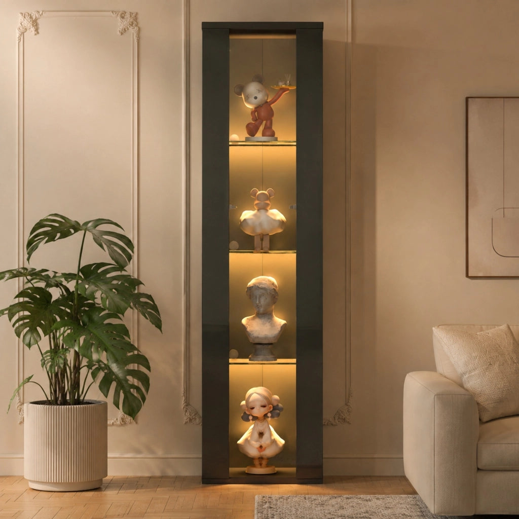 vetrina con 4 livelli espositivi, LED RGB controllato da app, truciolare e acrilico, nera 40 × 29 × 170 cm