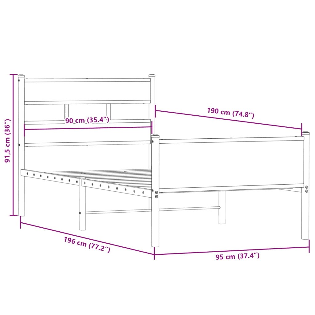 Letto singolo | Letto per adulti | Giroletto senza Materasso Rovere Fumo 90x190 cm in Truciolato