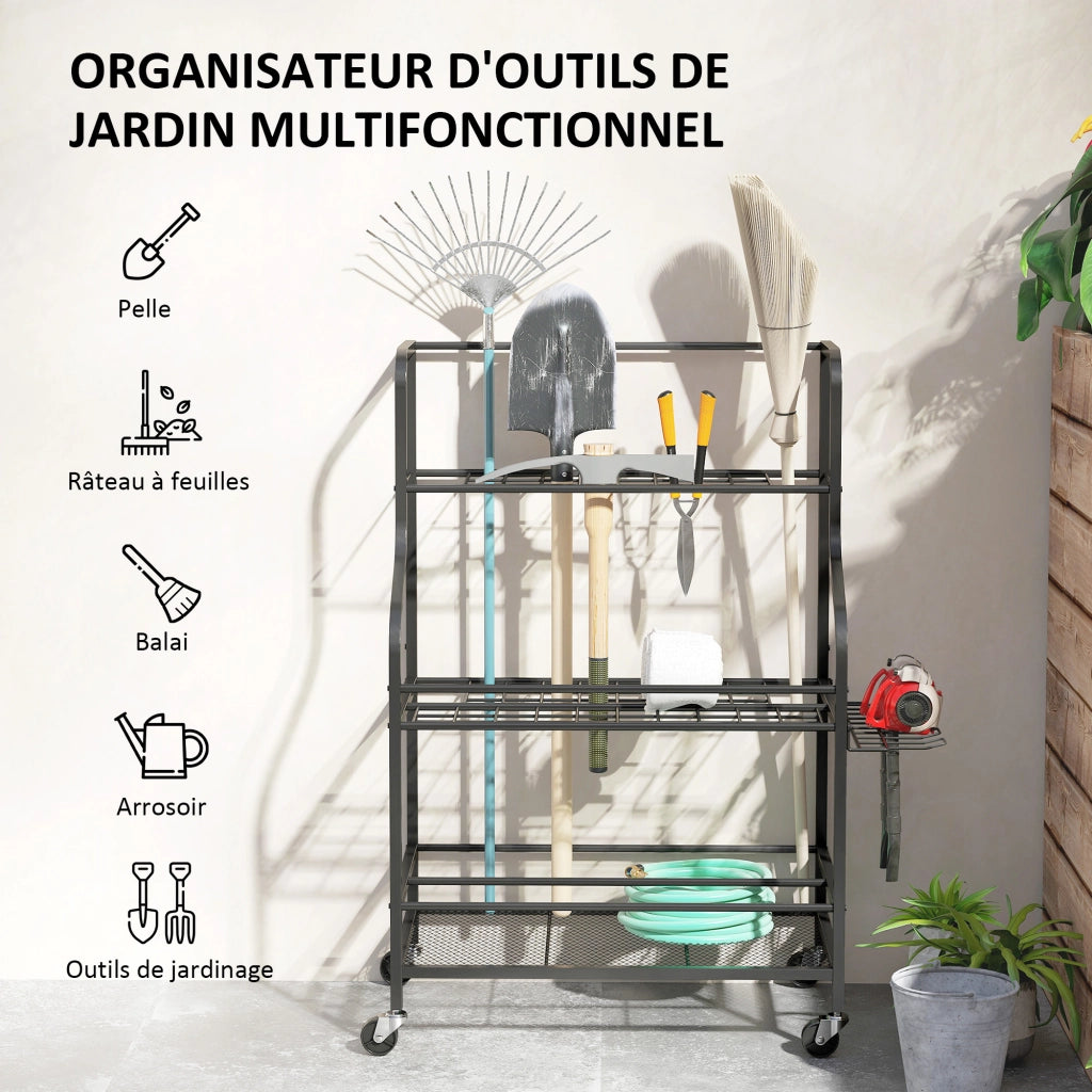 Organizzatore attrezzi da giardino ¨C zephmum ¨C 54 posti 5 ganci acciaio ruote 3 livelli nero