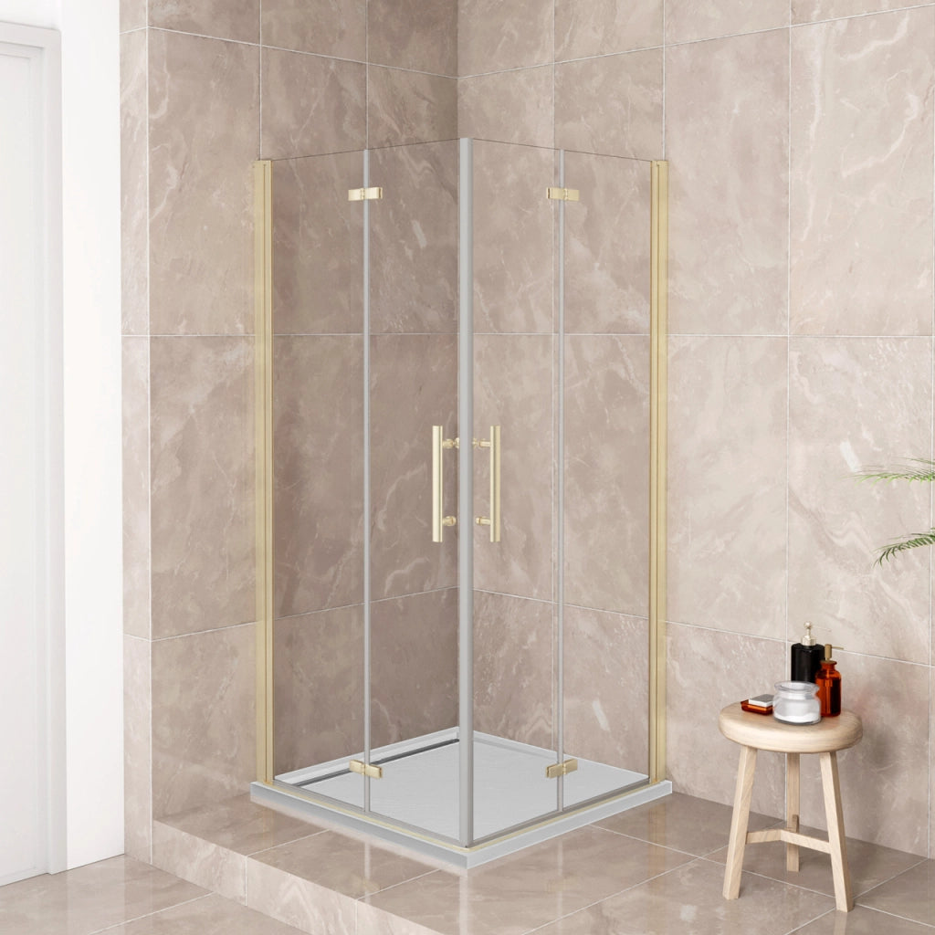 185 cm Box Doccia Angolare 76x76 cm Doppia Porta Battente Pieghevole Vetro Temperato Trasparente 6 mm Anticalcare Telaio Dorato Spazzolato