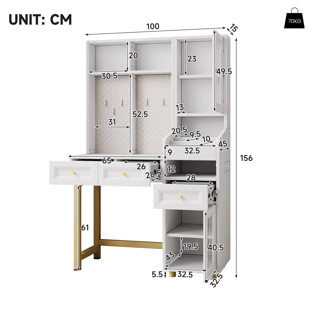 TOELETTA multifunzionale LED 100x45x156 cm MDF bianco e oro