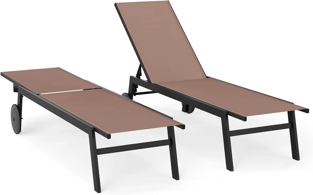 Lettino Prendisole da Giardino, Sdraio da Patio con Schienale Regolabile a 6 Posizioni, Tessuto Traspirante, 2 Ruote, per Piscina, Terrazza e Giardino, Portata 150 kg (Grigio,1)