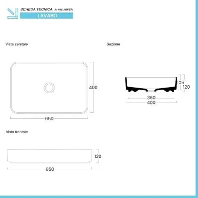 Lavabo da appoggio rettangolare 65 in ceramica bianco lucido  Epsilon