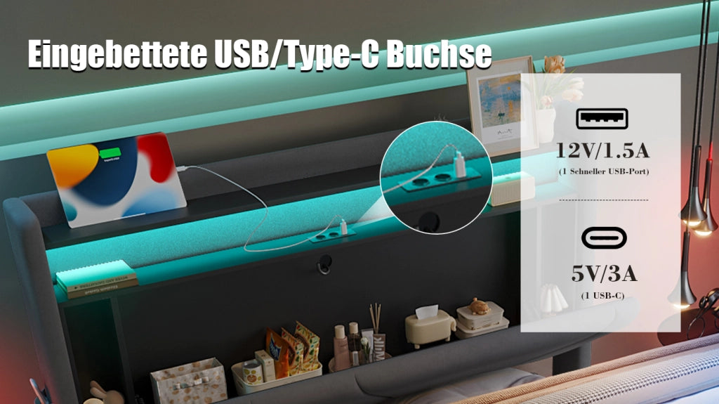 DESMIU Letto contenitore 160 × 200 cm 2 posti con LED, USB e Type-C, vano contenitore, senza materasso, velluto grigio