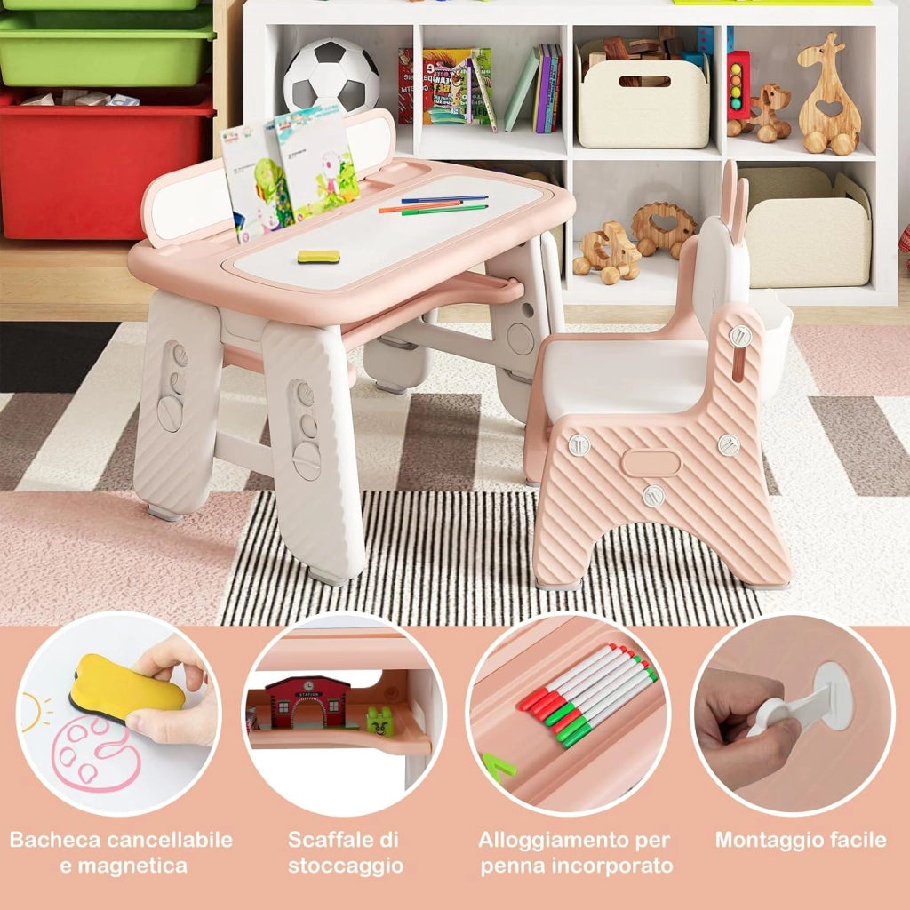 Set Tavolo e Sedia per Bambini, Tavolo e Sedia per Bambini con Mensola Ribaltabile, Lavagna Magnetica Cancellabile, Altezza Regolabile, per Camera da Letto, Sala, Giochi per Ragazzi (Rosa)