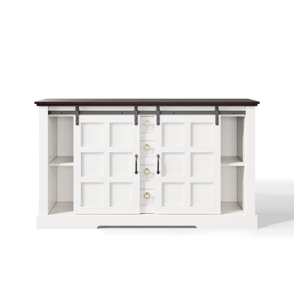 Credenza con 2 ante scorrevoli; 4 cassetti e ripiani regolabili per cucina in MDF bianco 150×40×85 cm