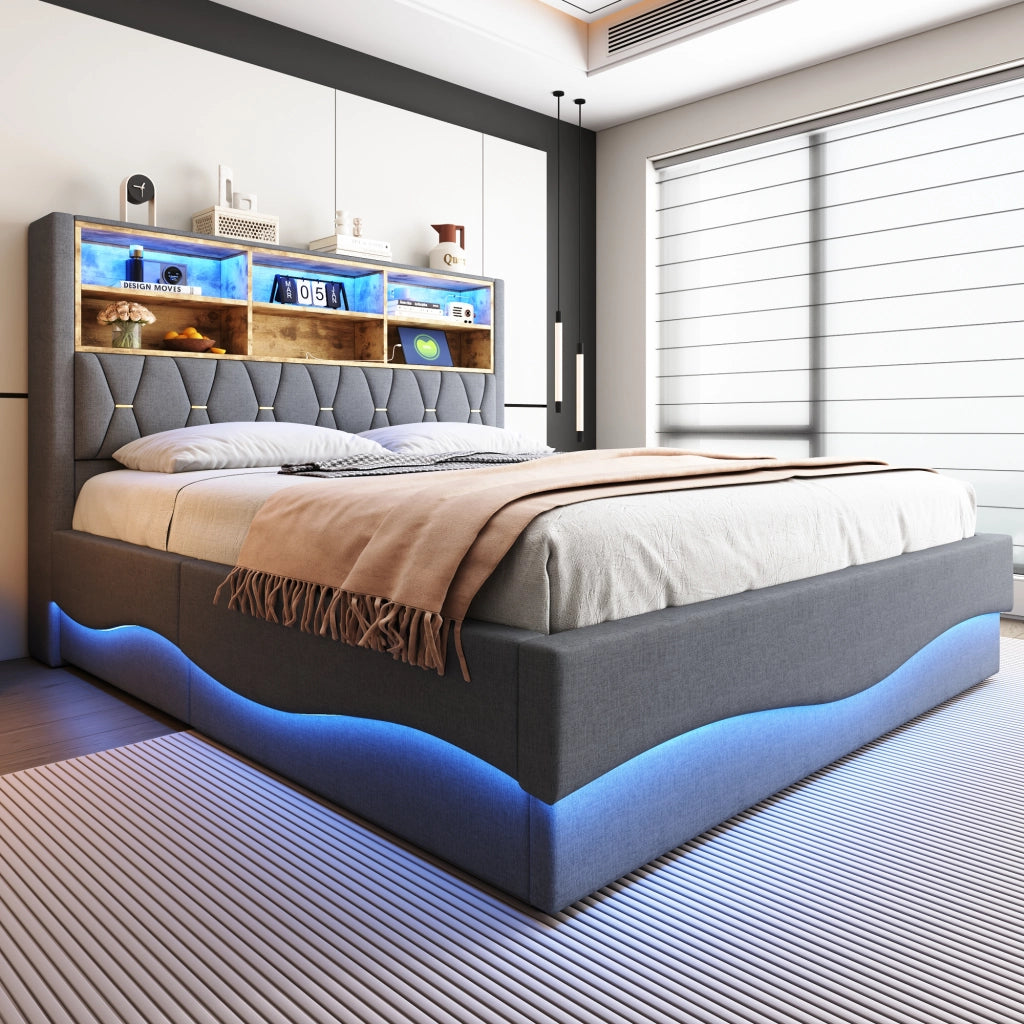 OKWISH Letto Contenitore 180×200 cm, Letto Matrimoniale con LED Regolabile, USB e Vano Contenitore, senza Materasso, in Metallo, Grigio