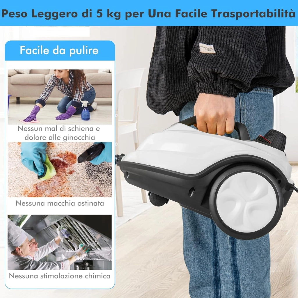 2000W Pulitore a Vapore, Macchina per Pulizia Rotante con 13 Accessori, Capacità d'Acqua di 1,8L, Macchina a Vapore Multiuso per Tappeti Finestre Vetri e Tende (Bianco)