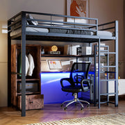 Letto a castello nero in metallo e MDF con illuminazione LED scrivania cassetti scaffali 90x200cm