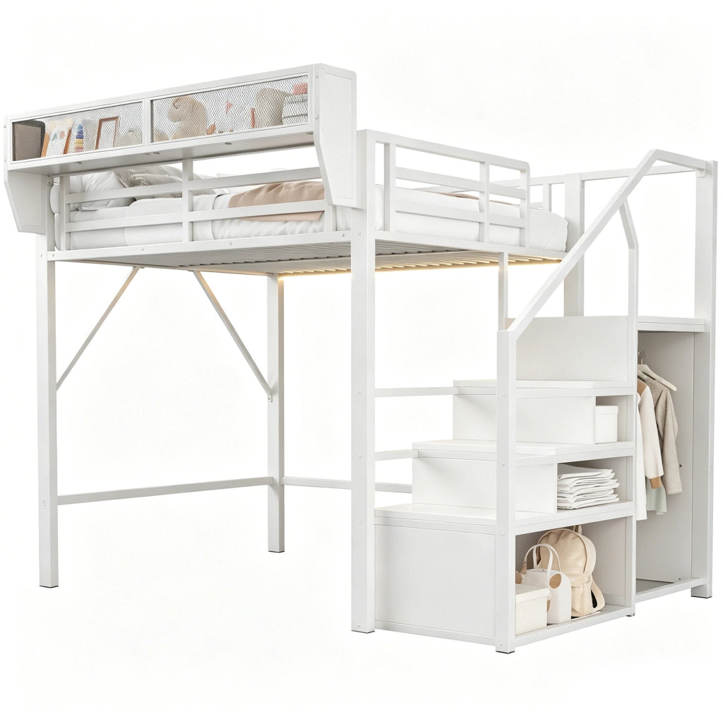 Letto a soppalco 140x200 cm in metallo e MDF con LED; scala di sicurezza; bianco