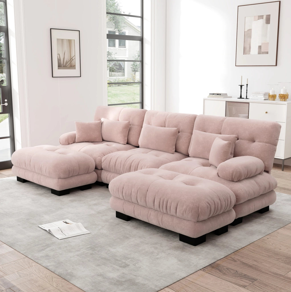 Divano modulare con ottomane mobili in ciniglia rosa