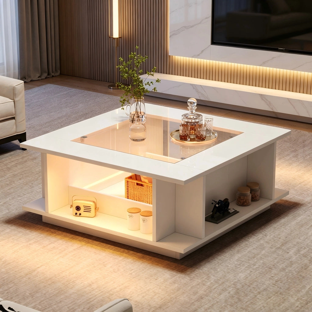 Tavolino da caffè quadrato con piano in vetro; LED; vani aperti e spazio laterale; bianco; 70 × 70 × 30 cm