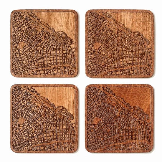 Onderzetters con piantina di Buenos Aires, realizzati in sapele, 4 pezzi, con piantina, diverse città opzione, manufatti a mano