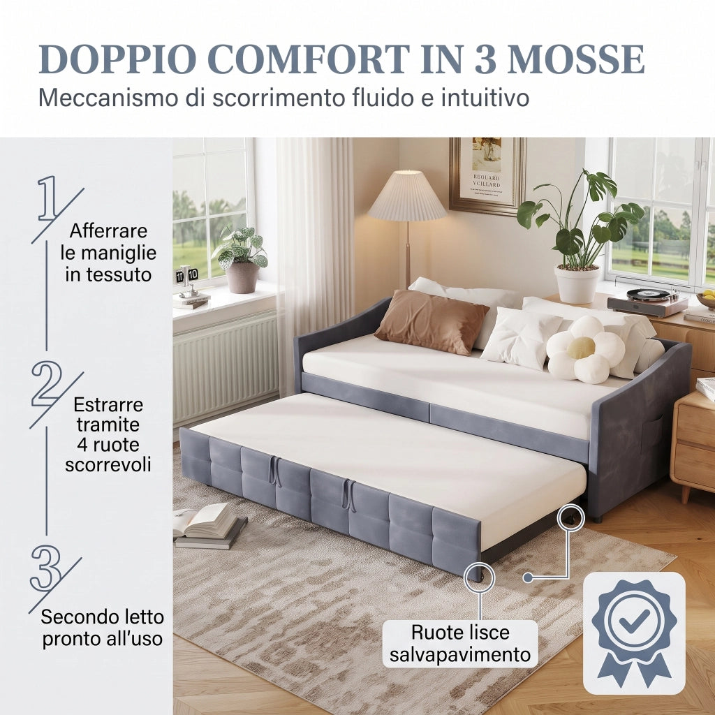 Divano letto matrimoniale 90x200cm;Estensibile in orizzontale;Non sollevabile;Velluto;Grigio