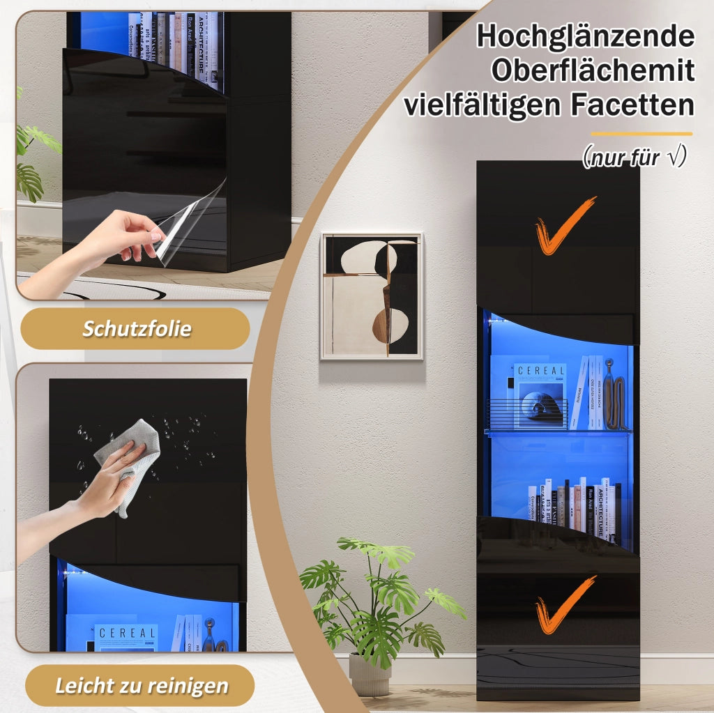 Vetrina alta con LED nera lucida 35x50x165 cm