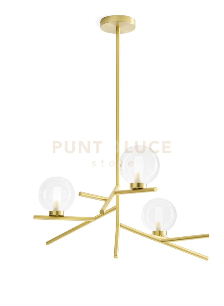 CAMELY SOSPENSIONE 3 LUCI ORO SPAZZOLATO ATTACCO G9 D.12CM IN VETRO TRASPARENTE