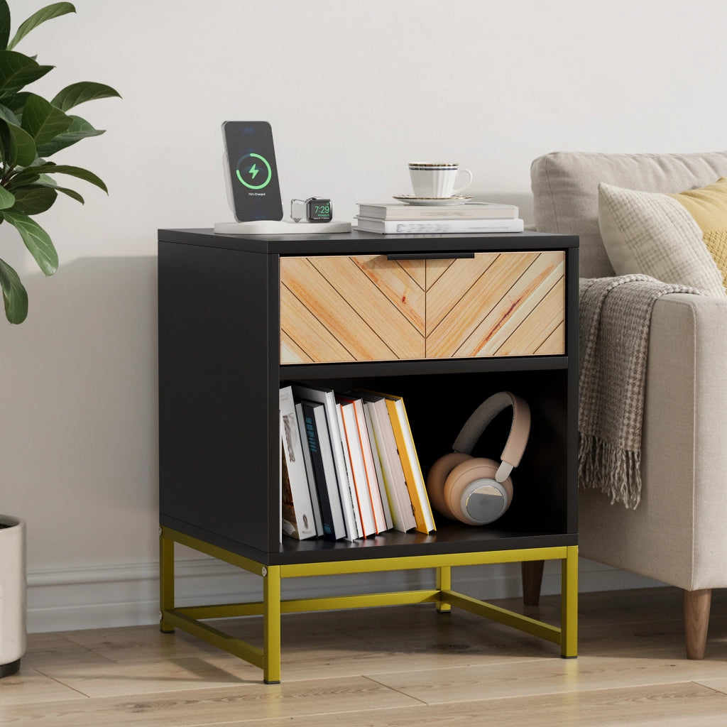 Comodino moderno con cassetto e vano aperto, 43 x 40 x 55 cm, MDF, nero e naturale, 1 pezzo