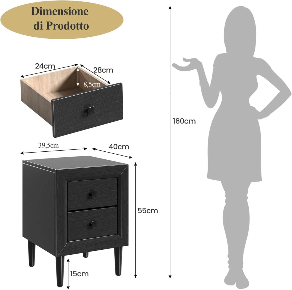 COSTWAY Comodino 40 x 39,5 x 55cm con 2 Cassetti, Tavolino Moderno da Salotto con Solide Gambe in Legno di Gomma, Mobile per Ufficio, Salone e Camera da Letto (2 x Nero)