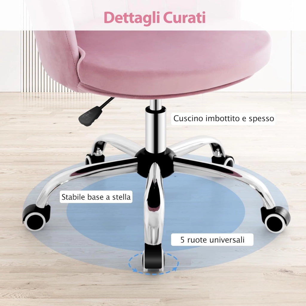 Sedia da Scrivania in Velluto, Poltrona Girevole con Altezza Regolabile, con Schienale a Forma di Petalo e Ruote, per Casa Ufficio, Carico Massimo 150 kg (Rosa)
