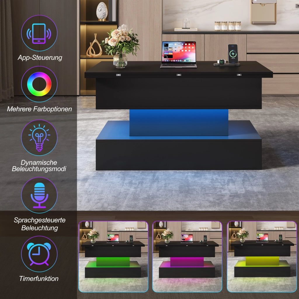 Tavolino basso sollevabile con luce LED, presa integrata e vano contenitore nascosto, per soggiorno, 100 × 50 × 51,5 cm