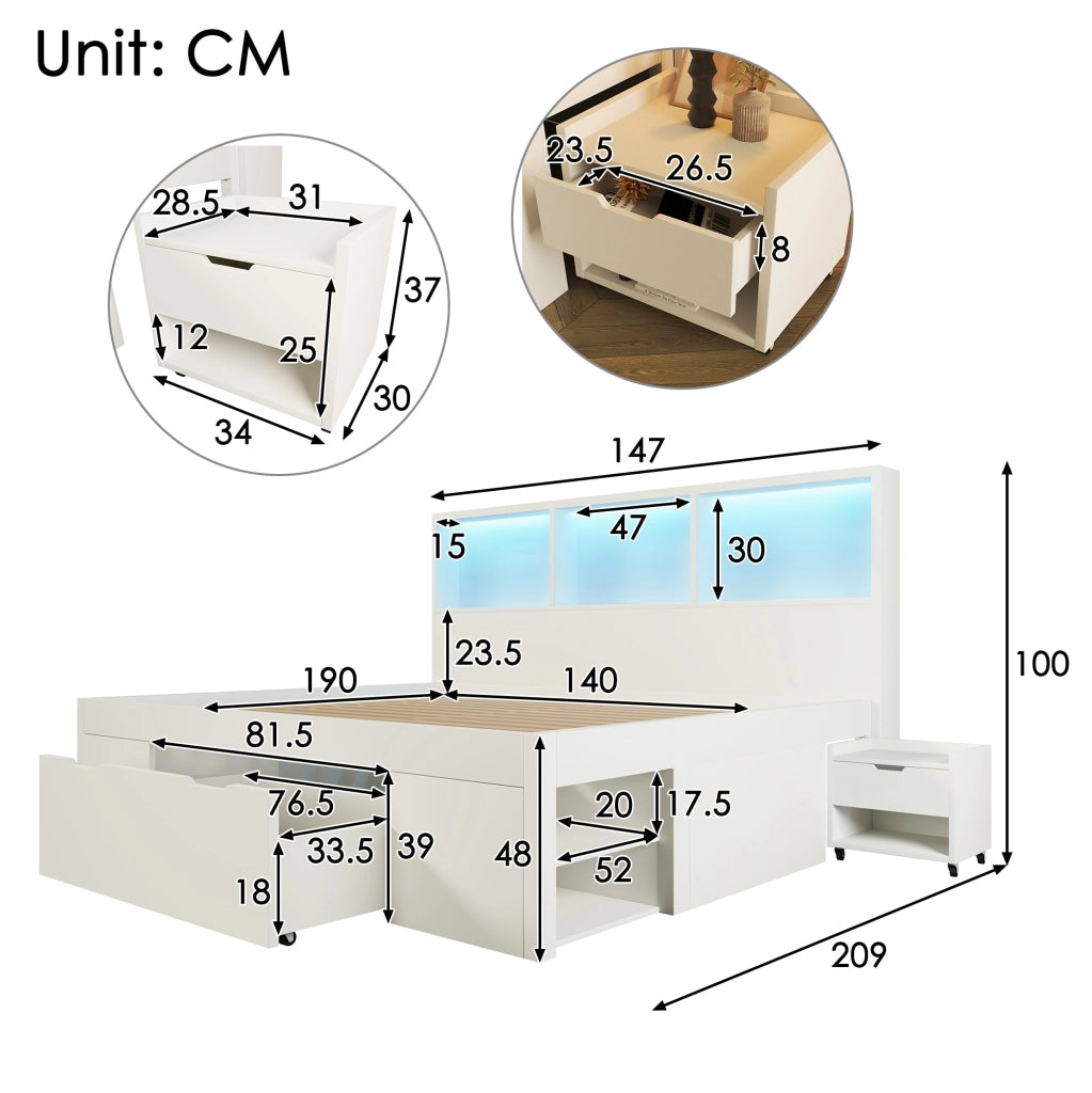 Letto 140x190 cm bianco con comodini mobili, LED e USB-C