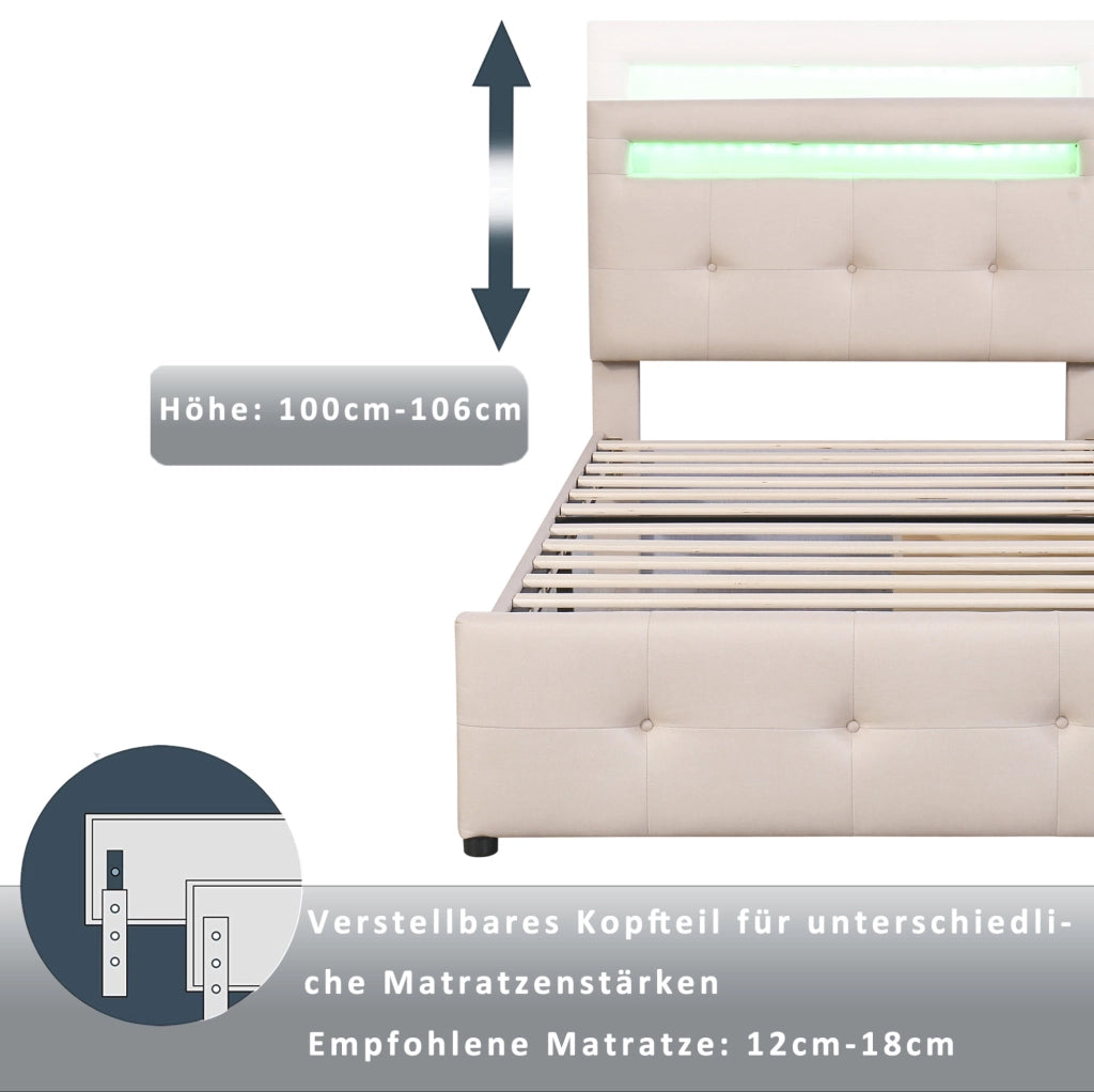 Letto singolo imbottito beige con LED e 2 cassetti