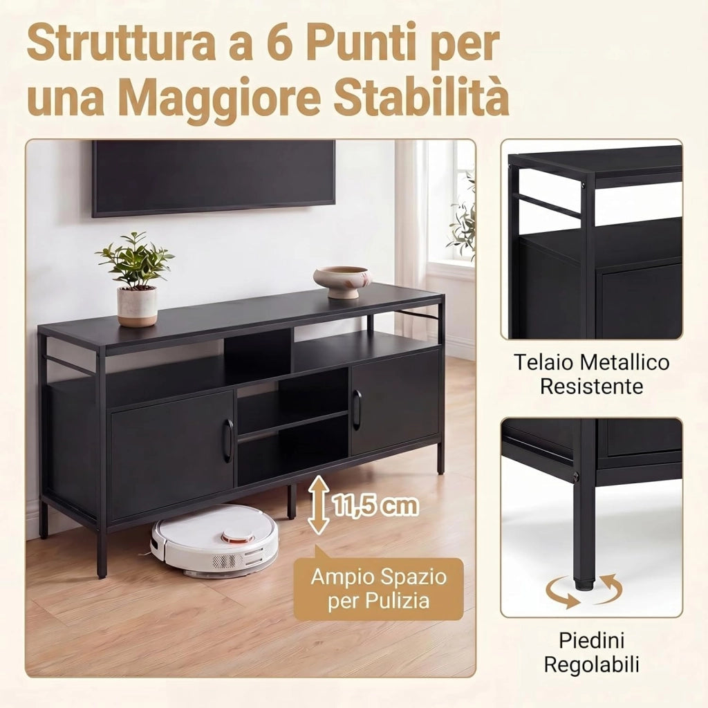 Mobile TV per Soggiorno, Mobile TV con 4 Ripiani Aperti e 2 Armadietti Chiusi, per Televisori fino a 65 Pollici, Stile Industriale con Struttura in Metallo per Camera da Letto (Nero)