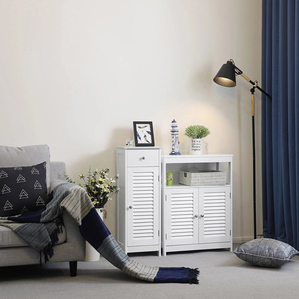 Colonna Bagno Bianca con Cassetto e Ante a Persiana - MDF