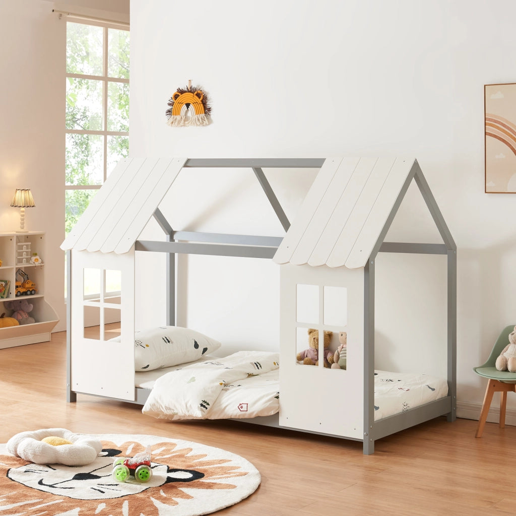 Letto Tostedt per Cameretta a Forma di Casetta Semiaperta 90 x 200 cm Grigio / Bianco [en.casa]