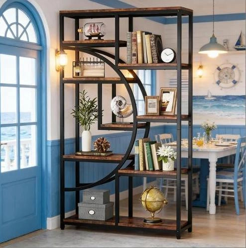Libreria geometrica 95x30x175 cm metallo nero e legno marrone， 9 ripiani