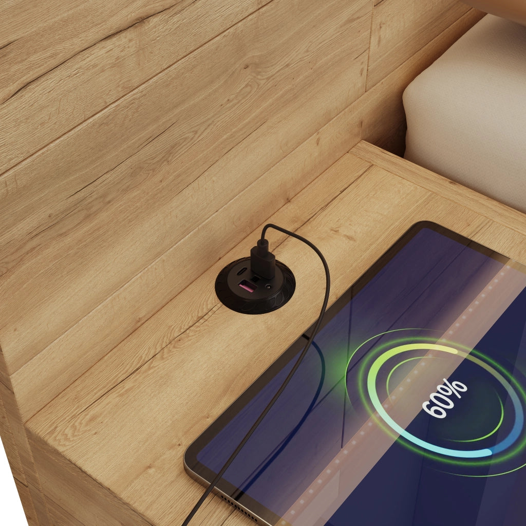 Letto matrimoniale 180 × 200 cm con contenitore, USB e Type-C, LED, 2 comodini integrati, senza materasso, MDF, naturale