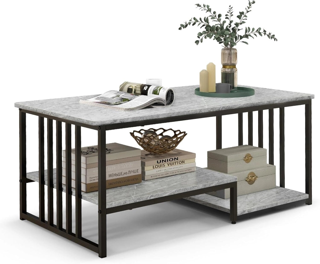 Tavolino da salotto rettangolare da cocktail a 3 livelli con ripiani, struttura in marmo sintetico e telaio in metallo con stoccaggio, 110 x 60 x 45 cm