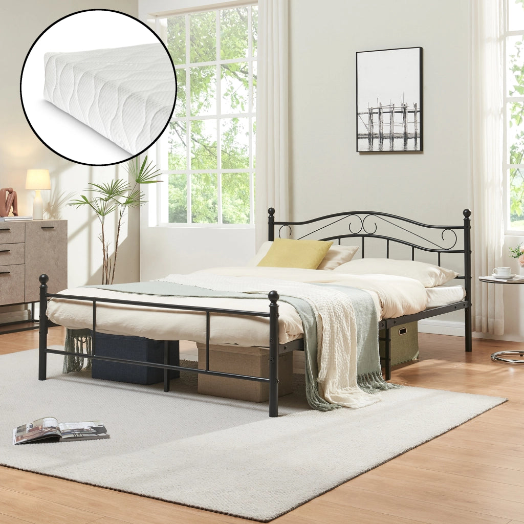 Letto Francese Florenz in Acciaio con Testiera Decorativa e Materasso 140 x 200 cm Nero [en.casa]