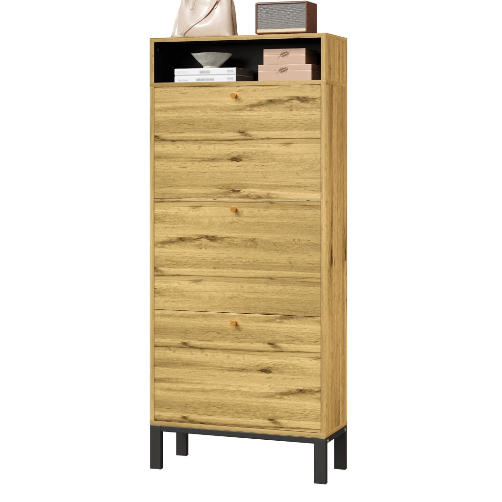 Mobile Scarpiera con 3 Ante a Ribalta e Vani Aperti; Stile Japandi; in MDF; 63×24×147 cm; Naturale